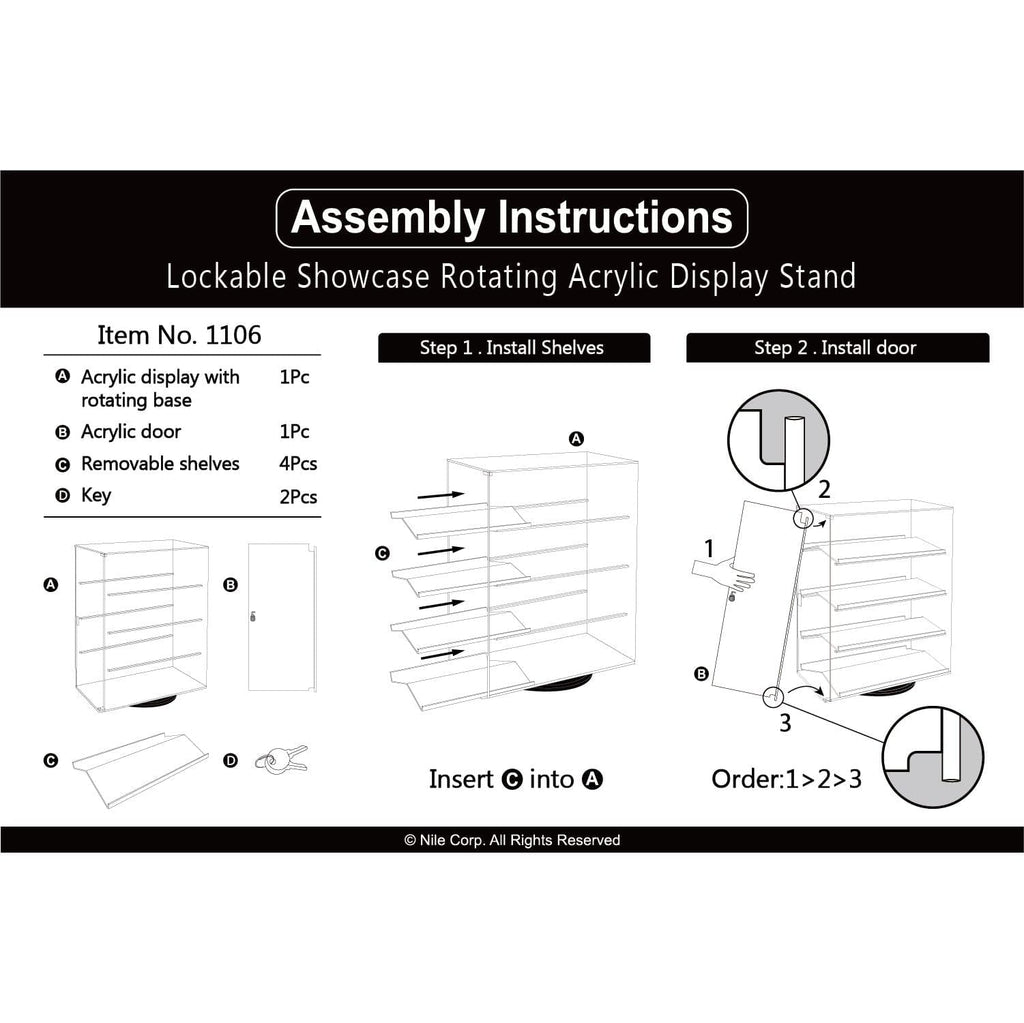 #1106 Lockable Showcase Rotating Acrylic Display Stand with 4 Removable Shelves