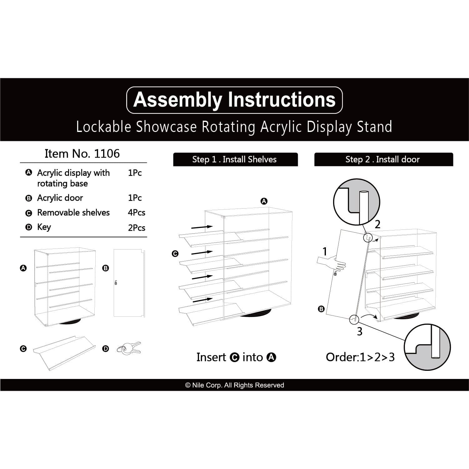 #1106 Lockable Showcase Rotating Acrylic Display Stand with 4 Removable Shelves