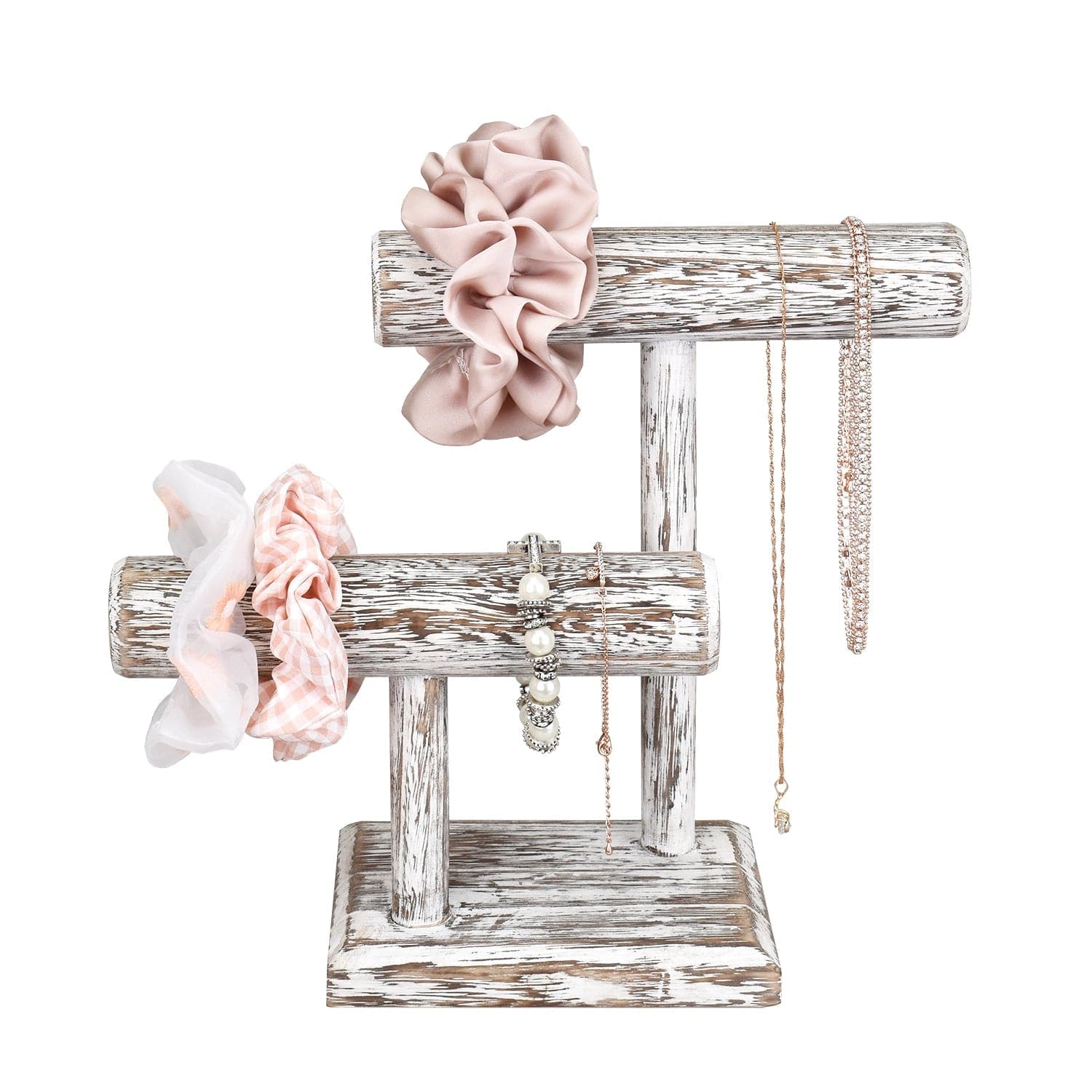 Wooden 2 Tier Bracelet T Bar Jewelry and Watch Display