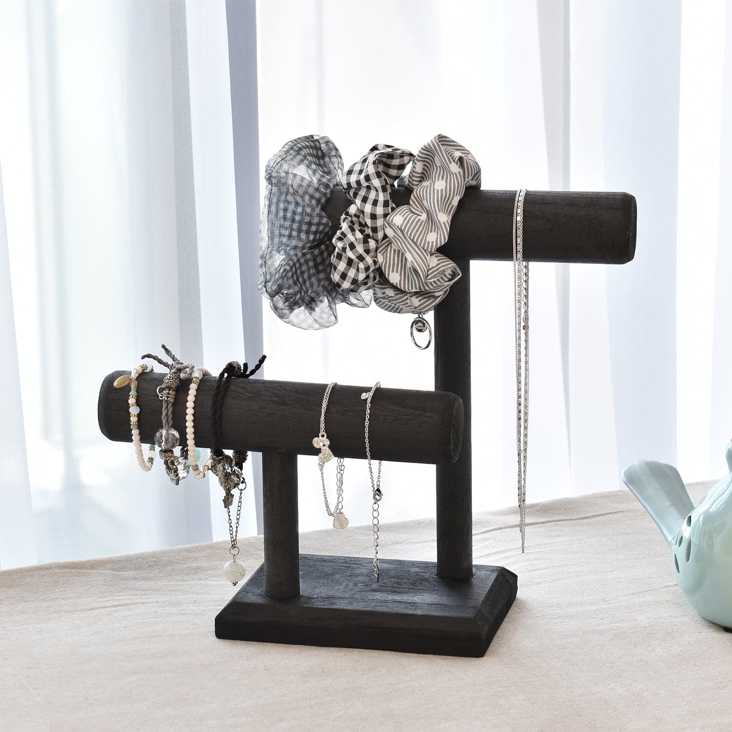 Wooden 2 Tier Bracelet T Bar Jewelry and Watch Display