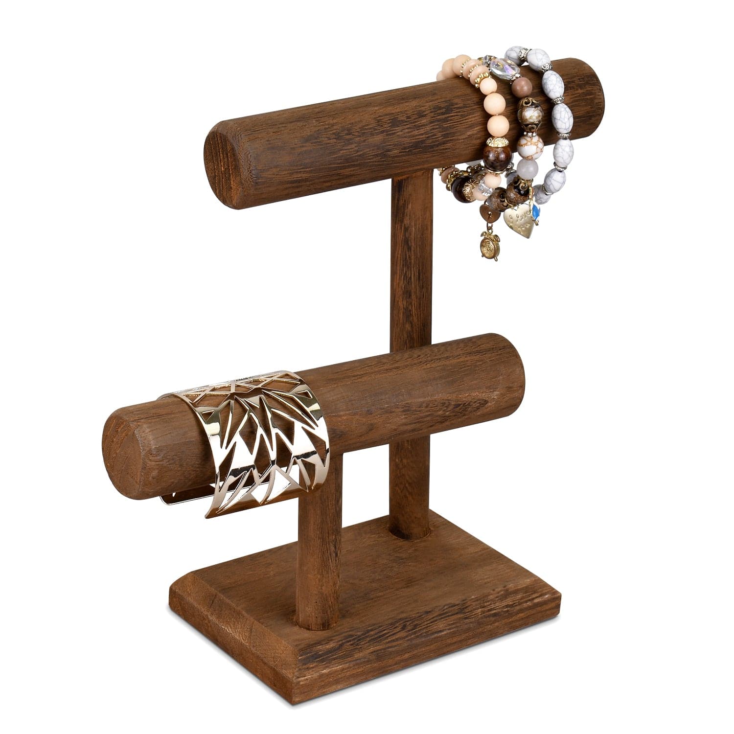 Wooden 2 Tier Bracelet T Bar Jewelry and Watch Display