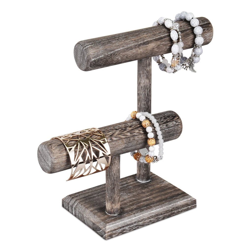 Wooden 2 Tier Bracelet T Bar Jewelry and Watch Display