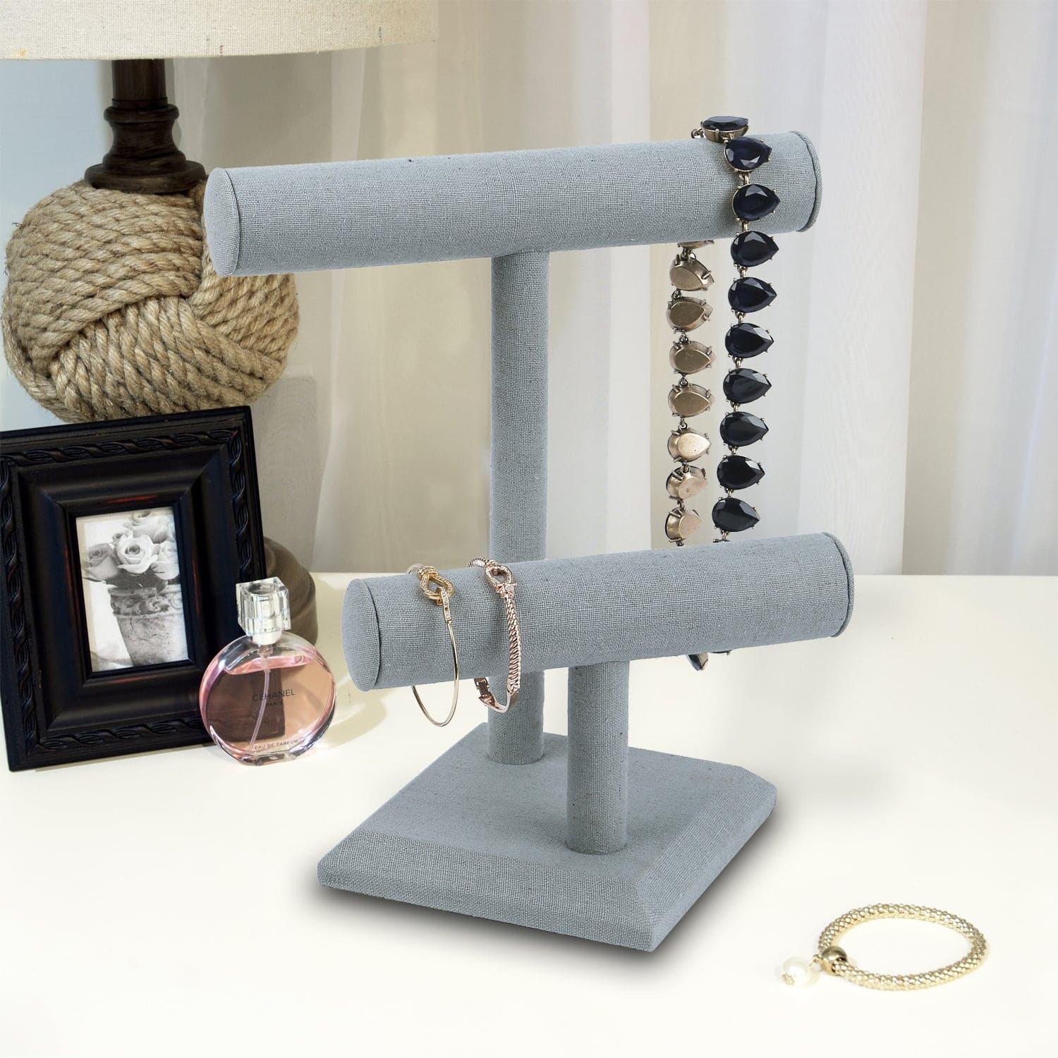 #218  2 Tier Wooden Jewelry Display T-Bar, Dim Grey Linen Color