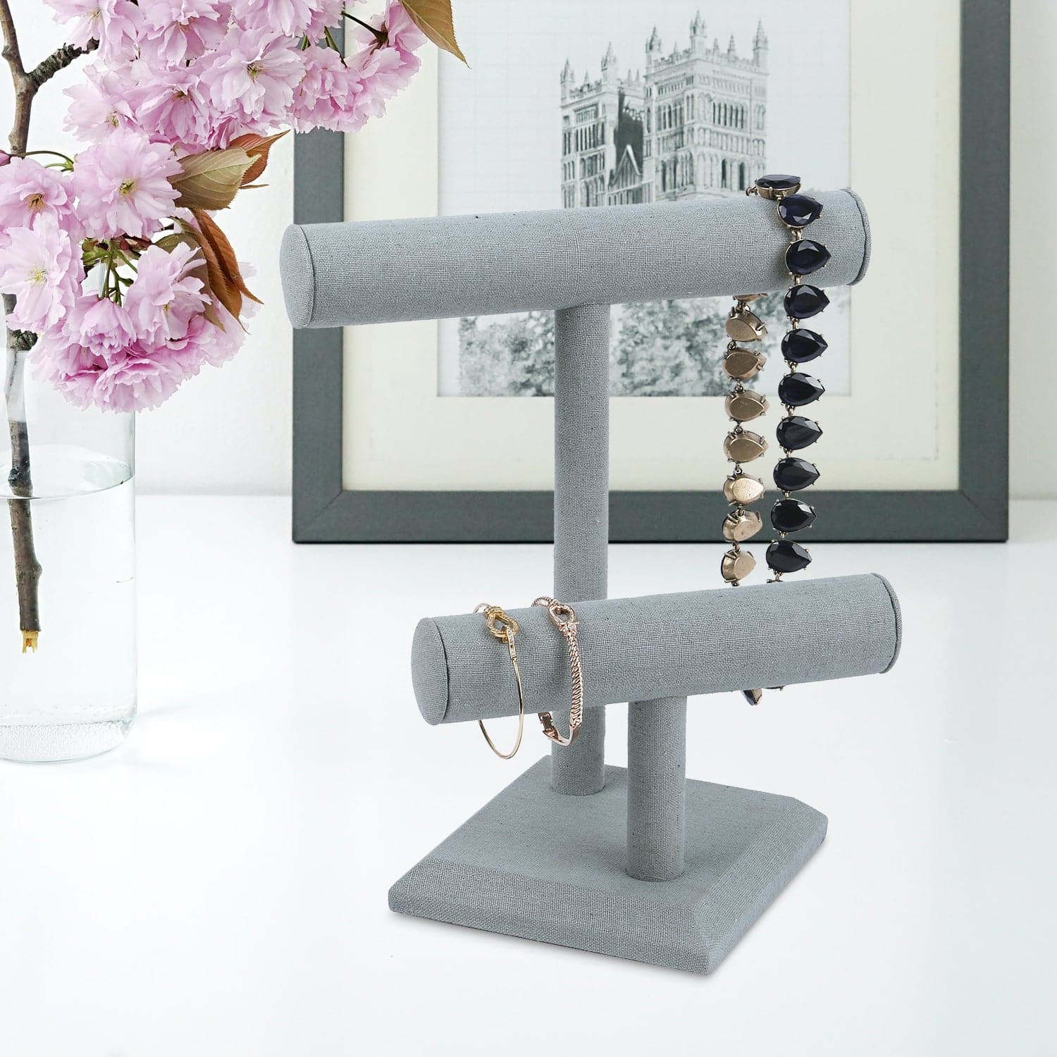#218  2 Tier Wooden Jewelry Display T-Bar, Dim Grey Linen Color