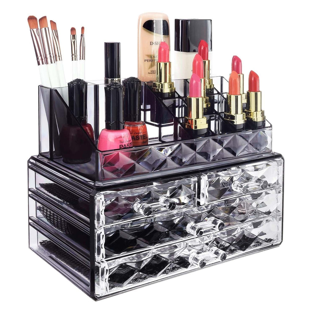 #COMS4496BK Jewelry and Makeup Organizer Two Pieces Set, Black Diamond Pattern