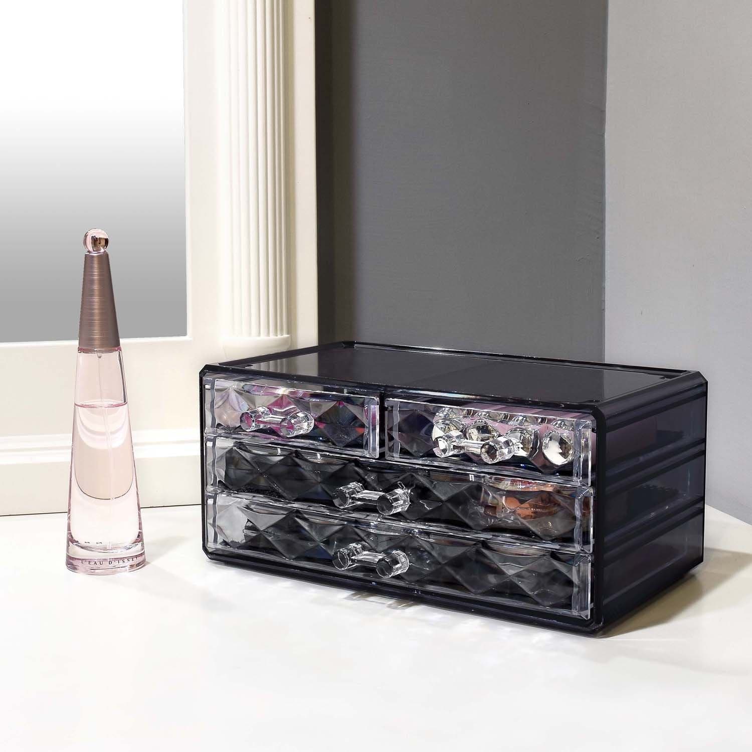 #COMS4496BK Jewelry and Makeup Organizer Two Pieces Set, Black Diamond Pattern