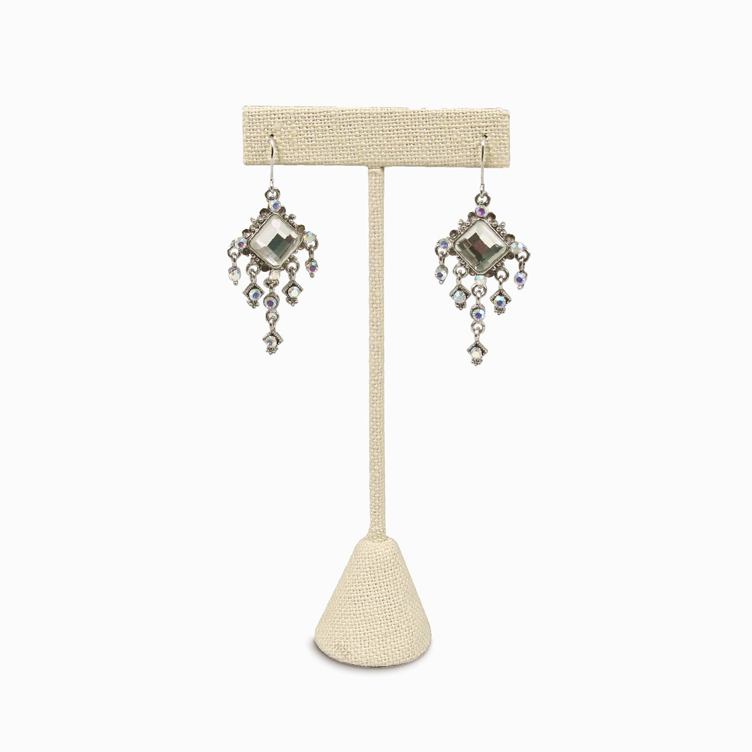 #ED-2402N-LE Medium Metal "T" Shape Earring Stand Burlap Linen