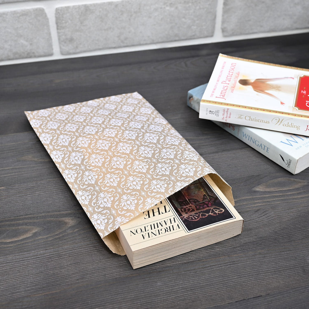 #EN-9705-WH White Damask Kraft Gift Bags