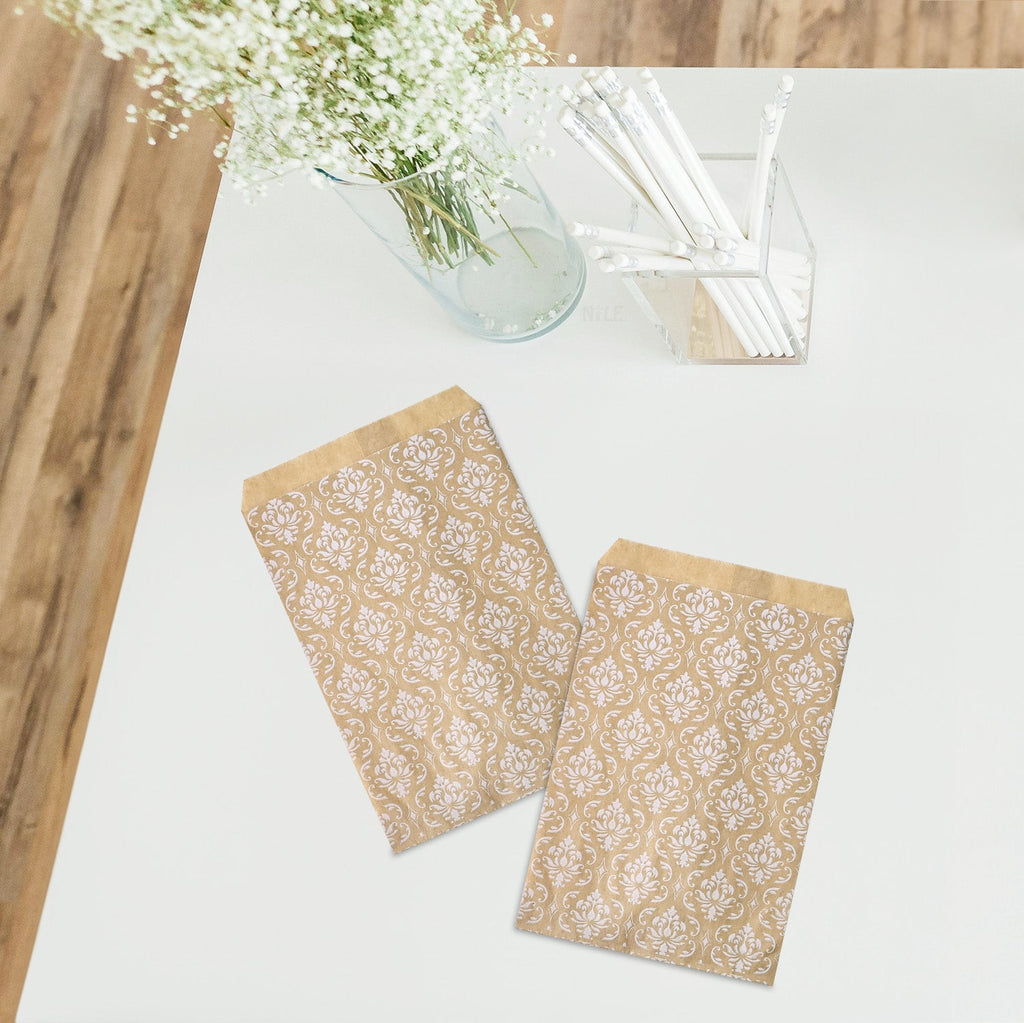 #EN-9706-WH White Damask Kraft Gift Bags