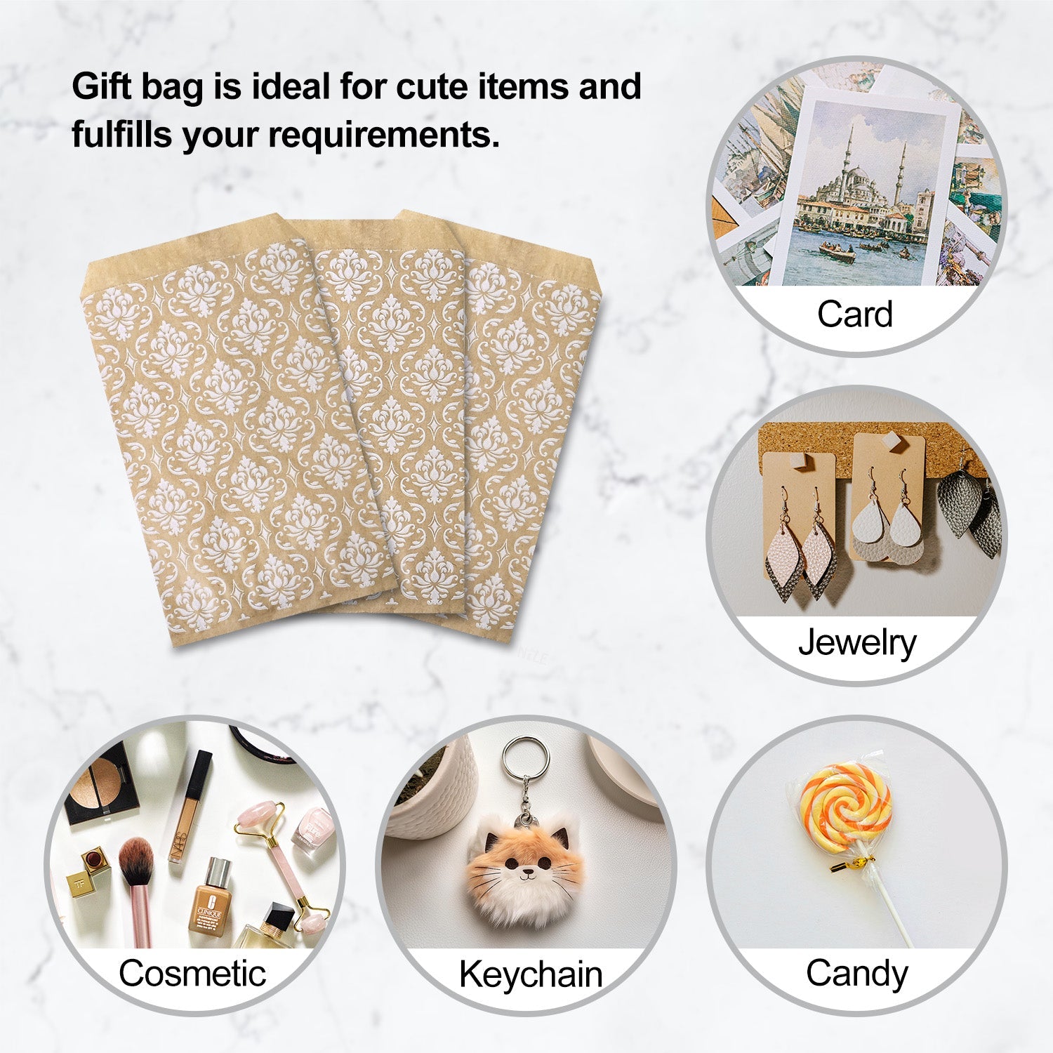 #EN-9707-WH White Damask Kraft Gift Bags