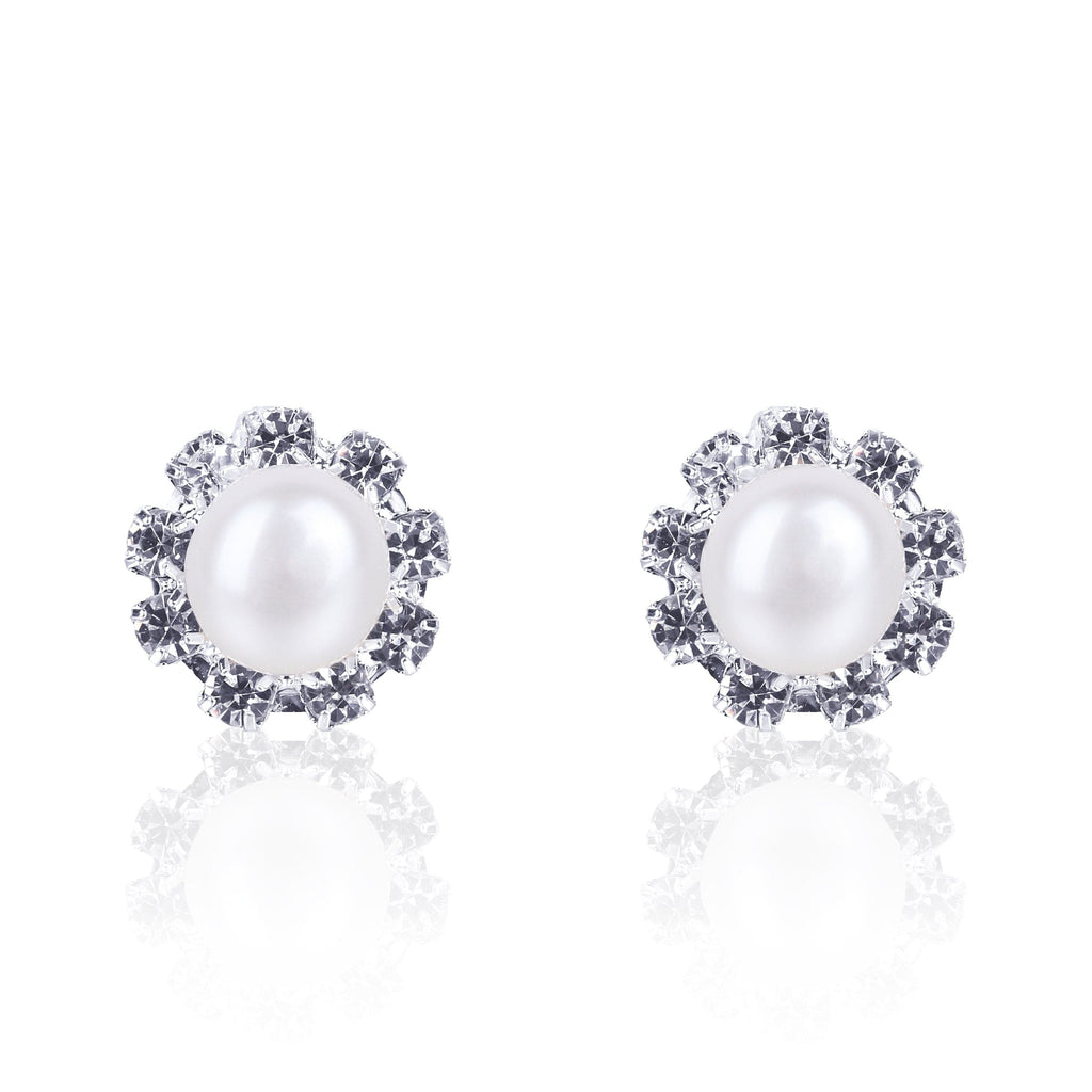 #GIF-6508E Silver Plated Near Round Freshwater Cultured Pearl with Rhinestone Flower Petals Earring