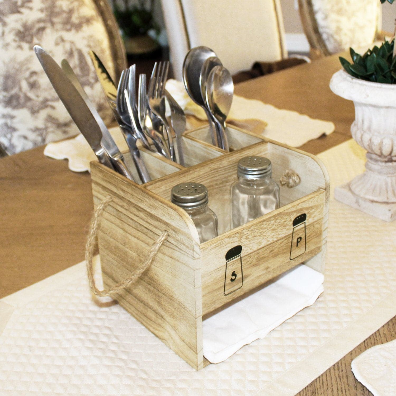 #HOW2305 Wooden Utensil Caddy Flatware Holder with Handles - Hold