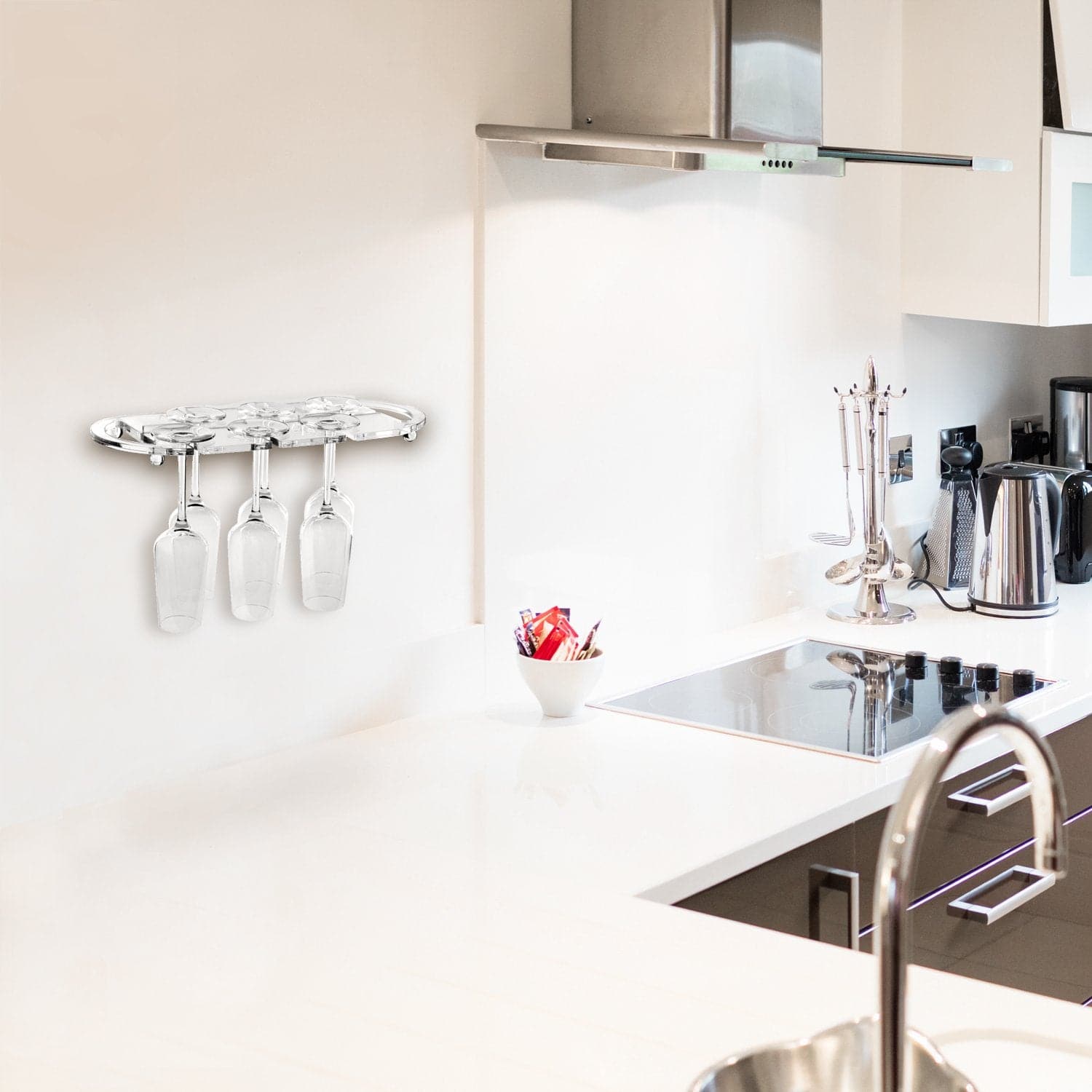 #HW336 Wall Mounted Clear Acrylic Wine Glasses Tray Shelf Rack with Cutout Handles for 6 Glasses