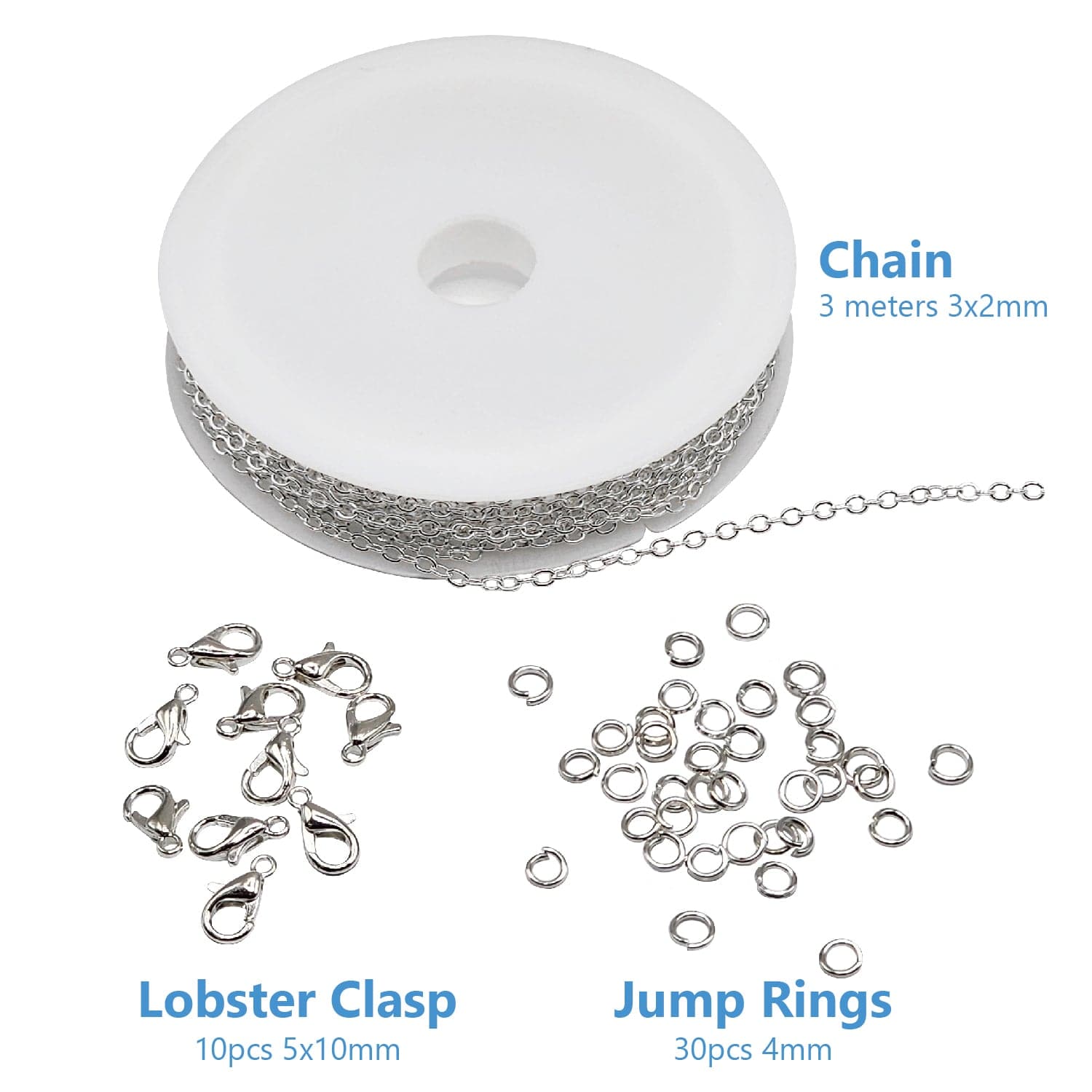 #LD42642S  3Meter Alloy Bulk Link Silver Color 3 x2mm Chain With Split Rings 4mm (30pcs) Lobster Clasps 5x10mm (10pcs) Necklace Chains Stainless Steel Chain For DIY Jewelry Making Necklaces Chain Accessories Chain