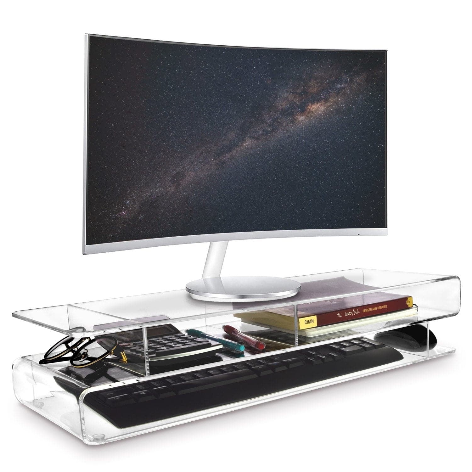 #SAT20110 Acrylic Monitor 3-Tier Storage Riser Stand for Desk & Countertop with 3 Compartments