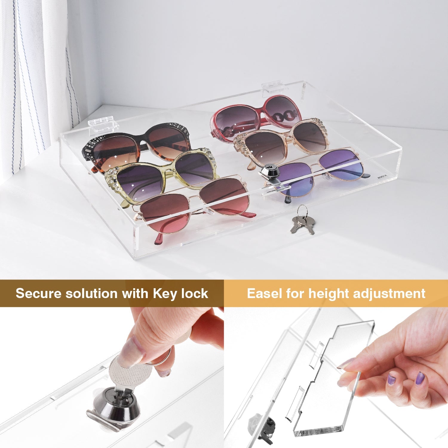 #TRJ2656 Acrylic Marketing Holder Locking Showcase Box Display Tray for Watches Jewelry Collector Knives with a Key.