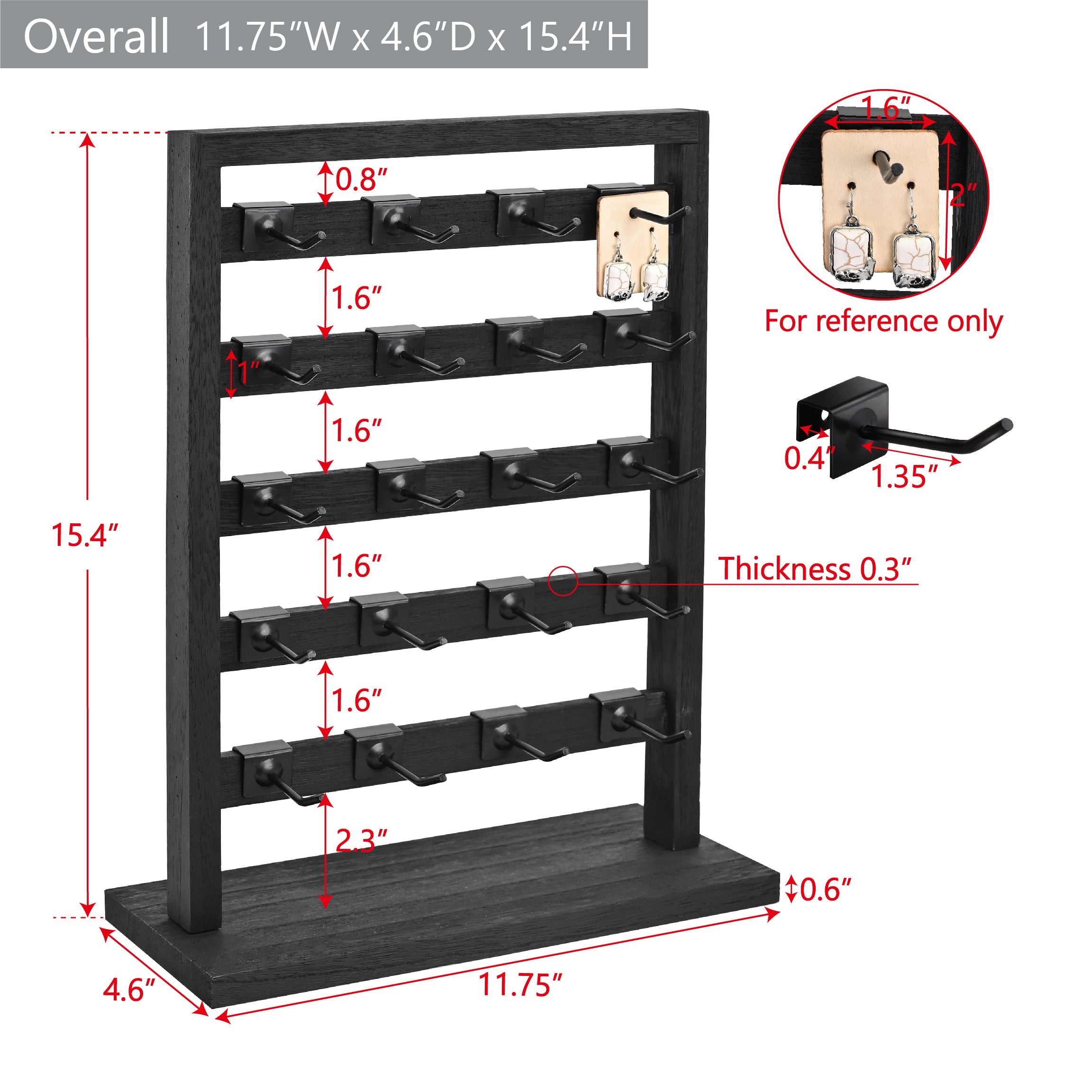 #WD2005 Wooden jewelry rack with 20 black hooks