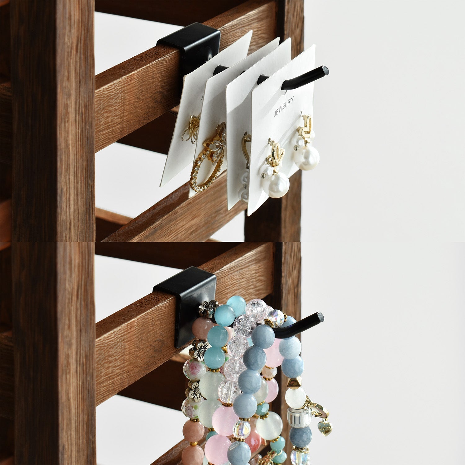 #WD2005 Wooden jewelry rack with 20 black hooks