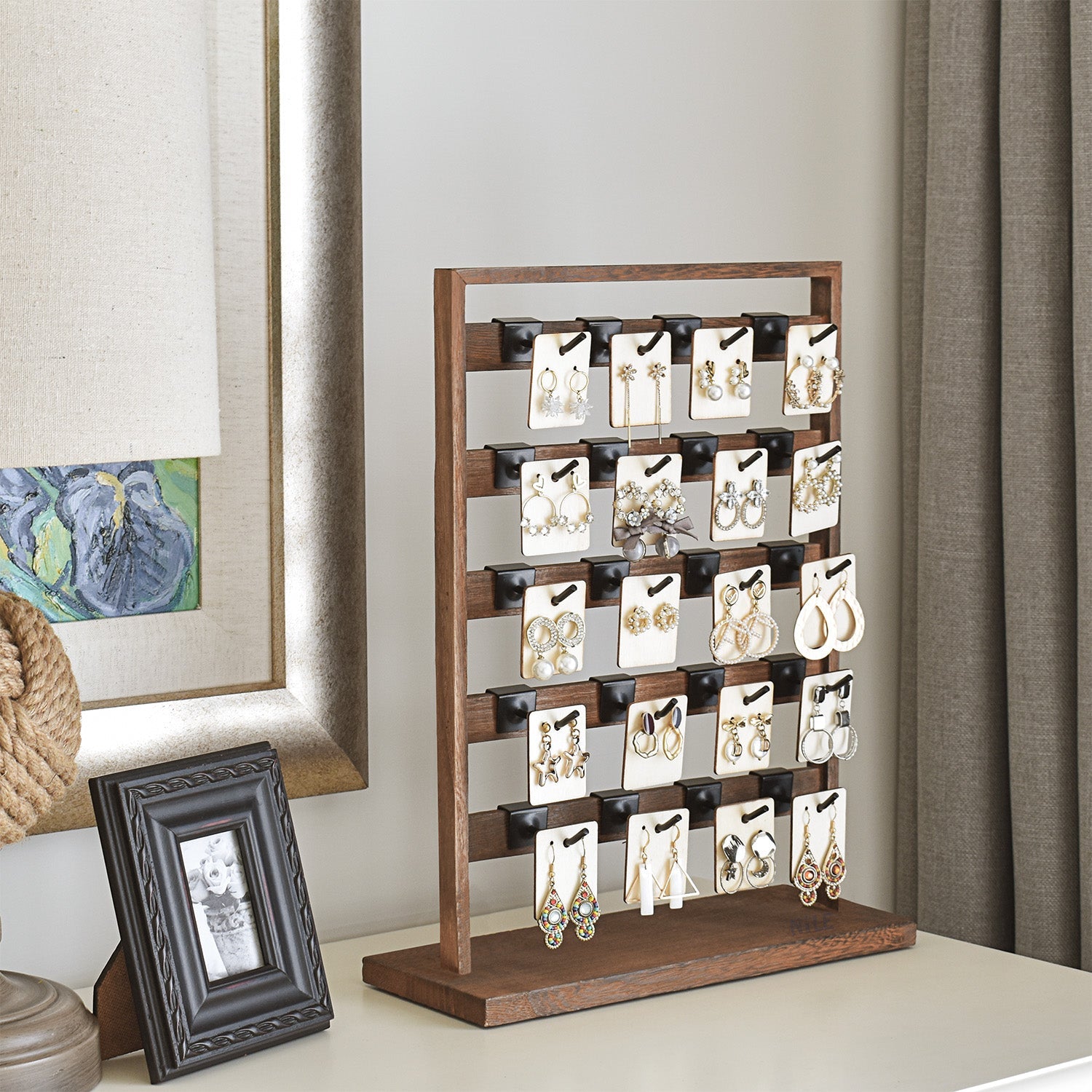 #WD2005 Wooden jewelry rack with 20 black hooks