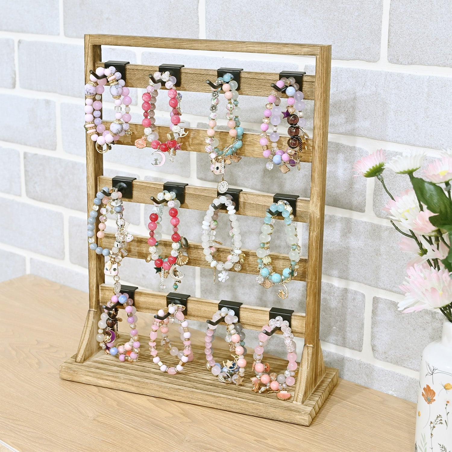 #WD2005 Wooden jewelry rack with 20 black hooks