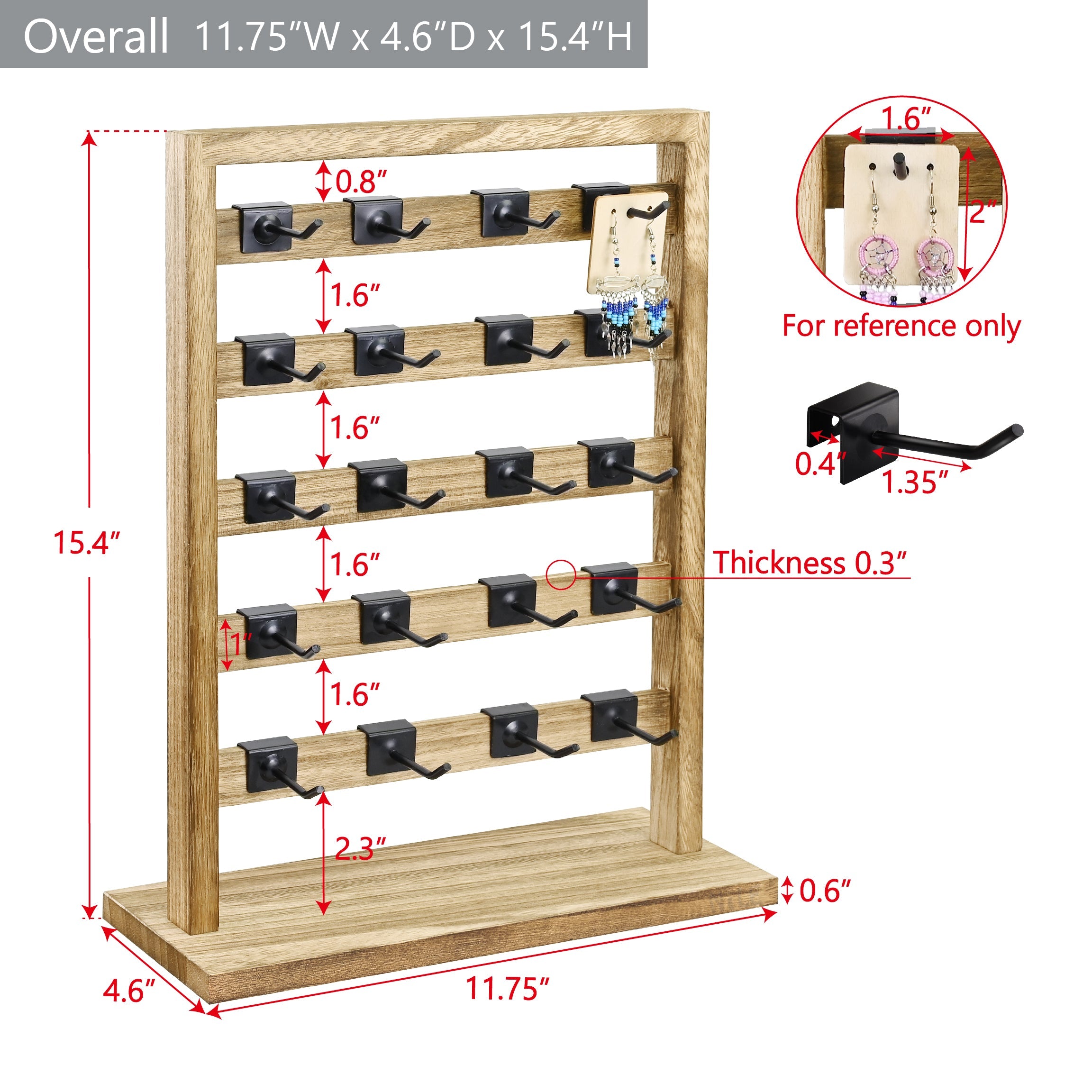 #WD2005 Wooden jewelry rack with 20 black hooks
