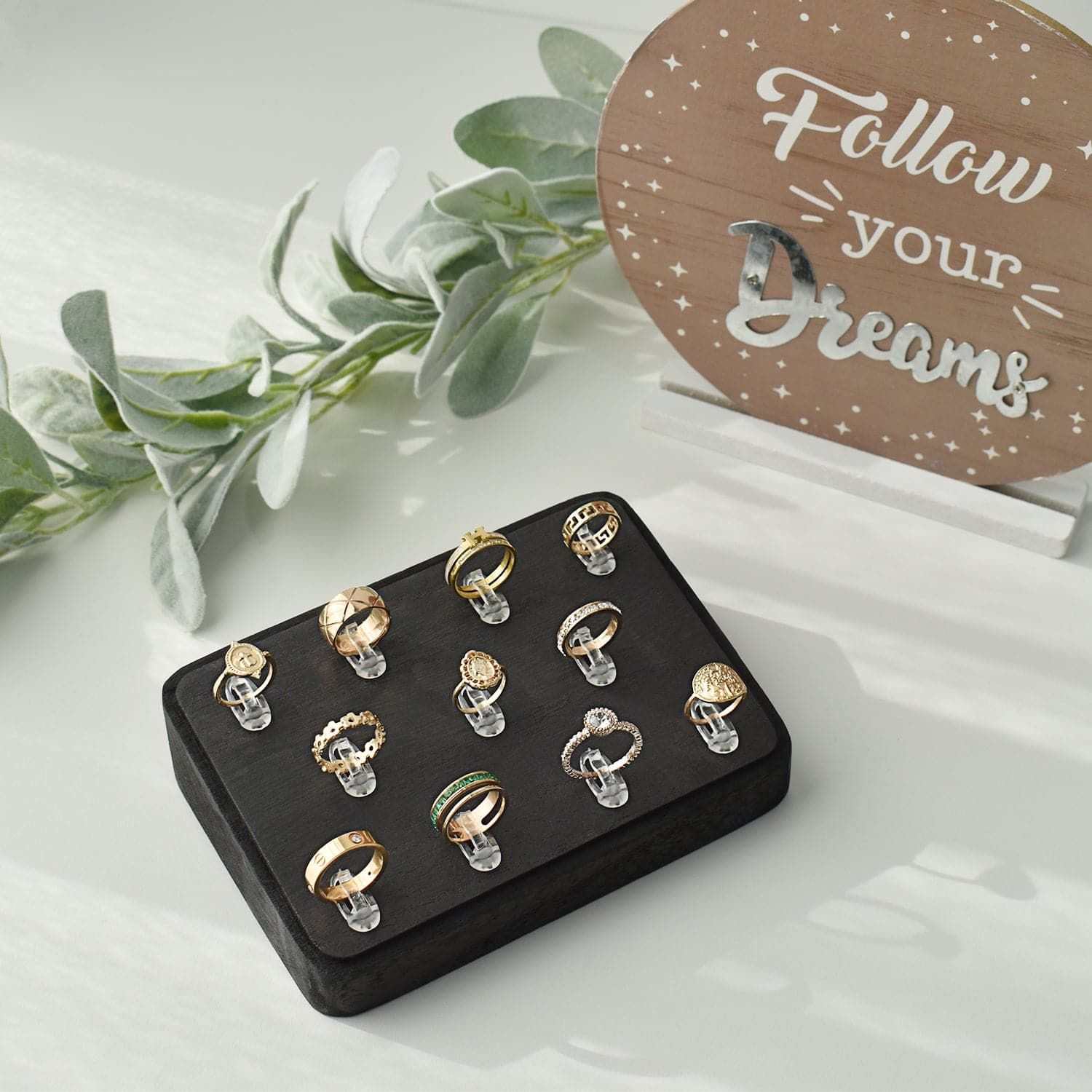 #WD3511-BK Wooden 11 Acrylic Clips Ring Tray Display