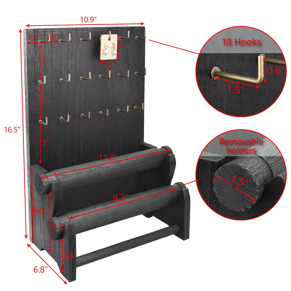 #WD4802 18 Hooks Wood Board Jewelry Earring Display Stand with 2 Removable Holders, Brown Color