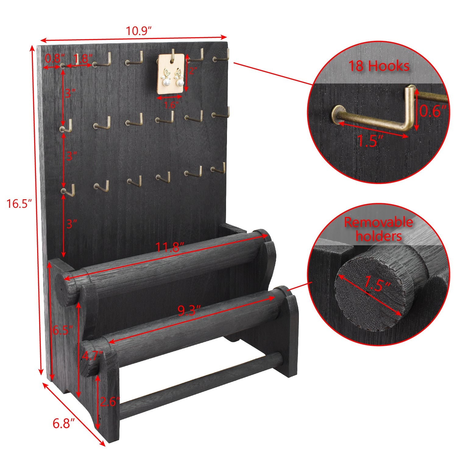 #WD4802 18 Hooks Wood Board Jewelry Earring Display Stand with 2 Removable Holders, Brown Color