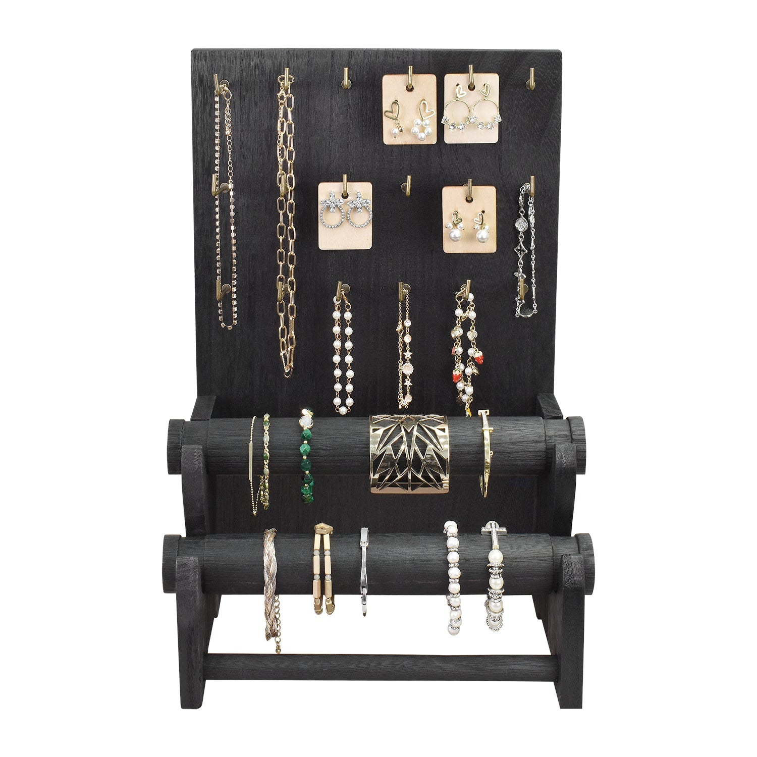 #WD4802 18 Hooks Wood Board Jewelry Earring Display Stand with 2 Removable Holders, Brown Color