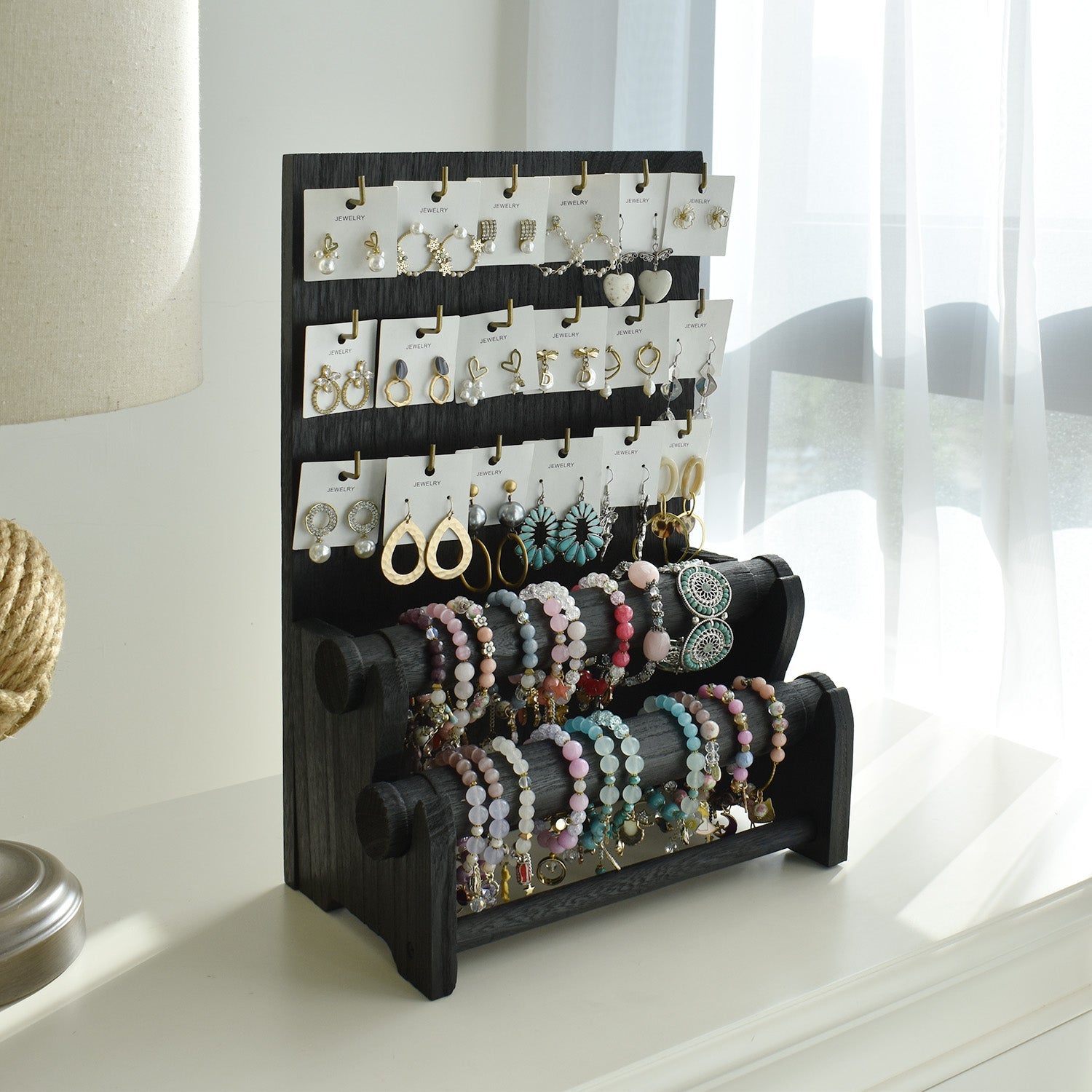 #WD4802 18 Hooks Wood Board Jewelry Earring Display Stand with 2 Removable Holders, Brown Color