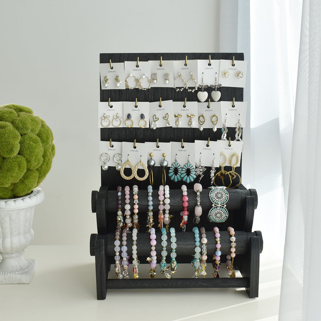 #WD4802 18 Hooks Wood Board Jewelry Earring Display Stand with 2 Removable Holders, Brown Color