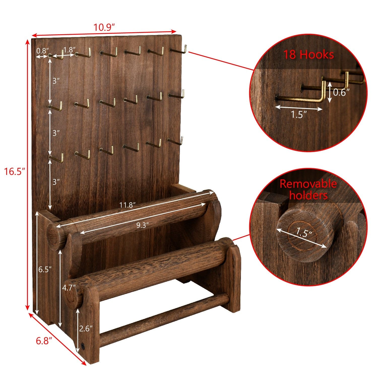 #WD4802 18 Hooks Wood Board Jewelry Earring Display Stand with 2 Removable Holders, Brown Color