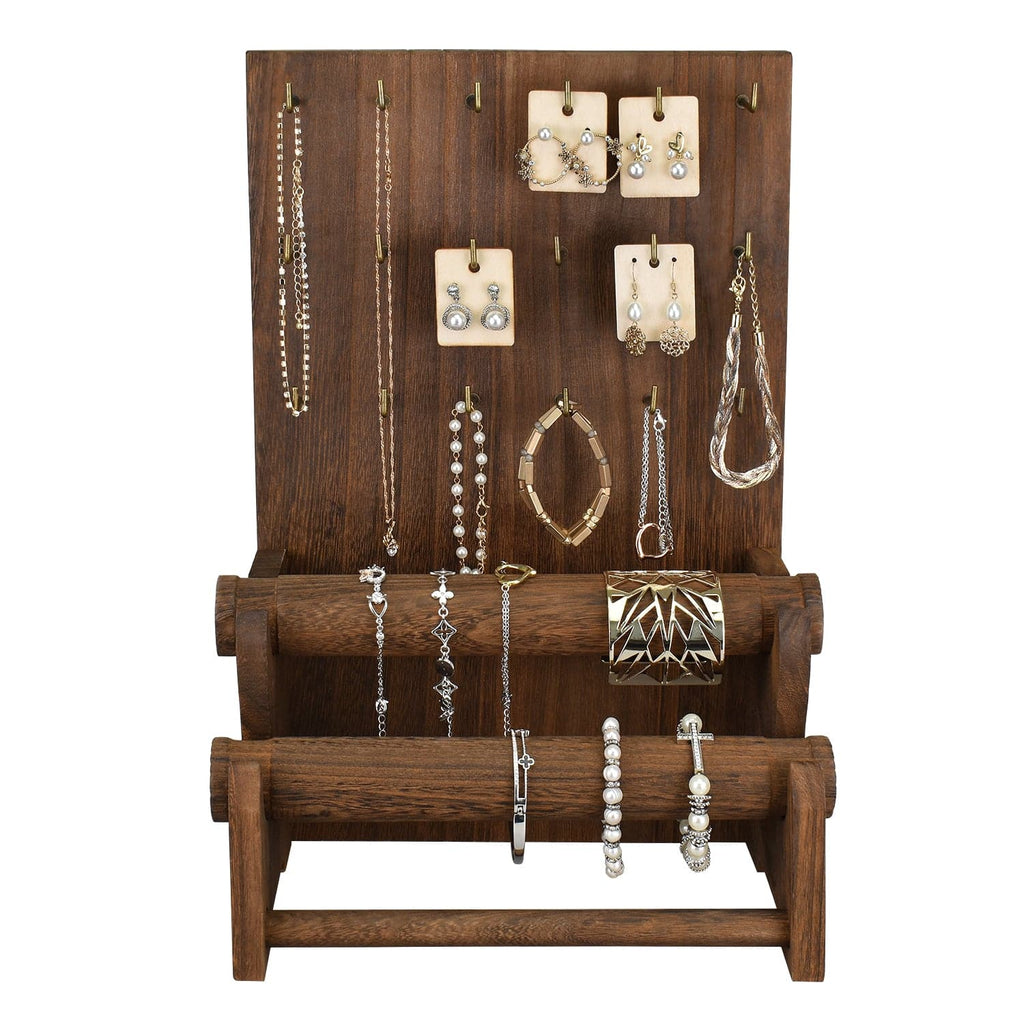 #WD4802 18 Hooks Wood Board Jewelry Earring Display Stand with 2 Removable Holders, Brown Color