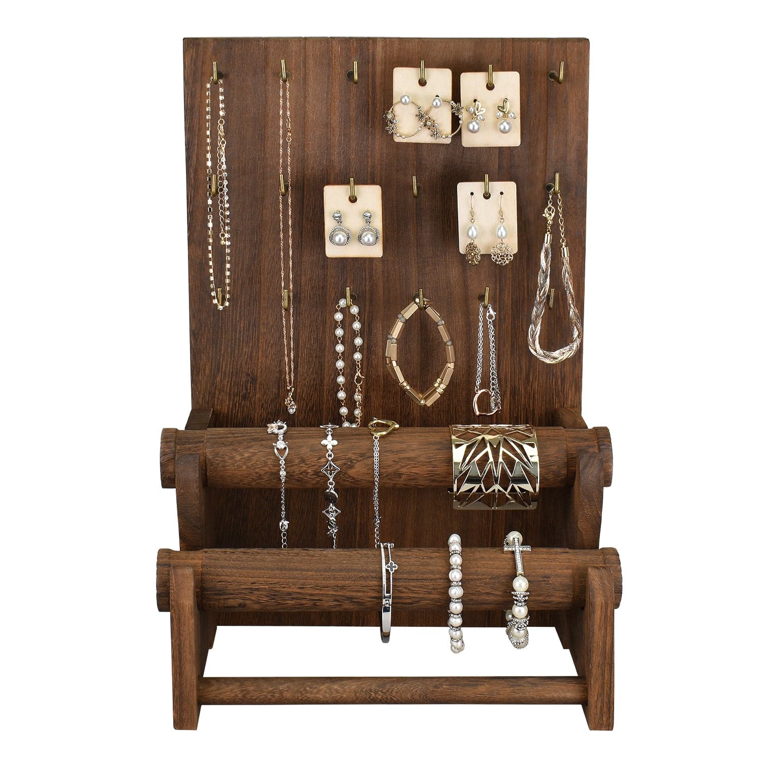 #WD4802 18 Hooks Wood Board Jewelry Earring Display Stand with 2 Removable Holders, Brown Color