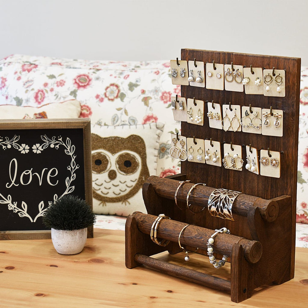 #WD4802 18 Hooks Wood Board Jewelry Earring Display Stand with 2 Removable Holders, Brown Color