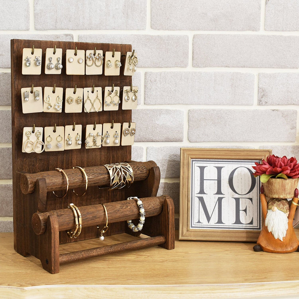 #WD4802 18 Hooks Wood Board Jewelry Earring Display Stand with 2 Removable Holders, Brown Color