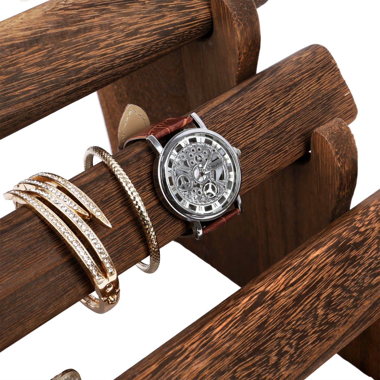 #WD7804BR Oval Shape Wooden 4 Tiered Jewelry Display