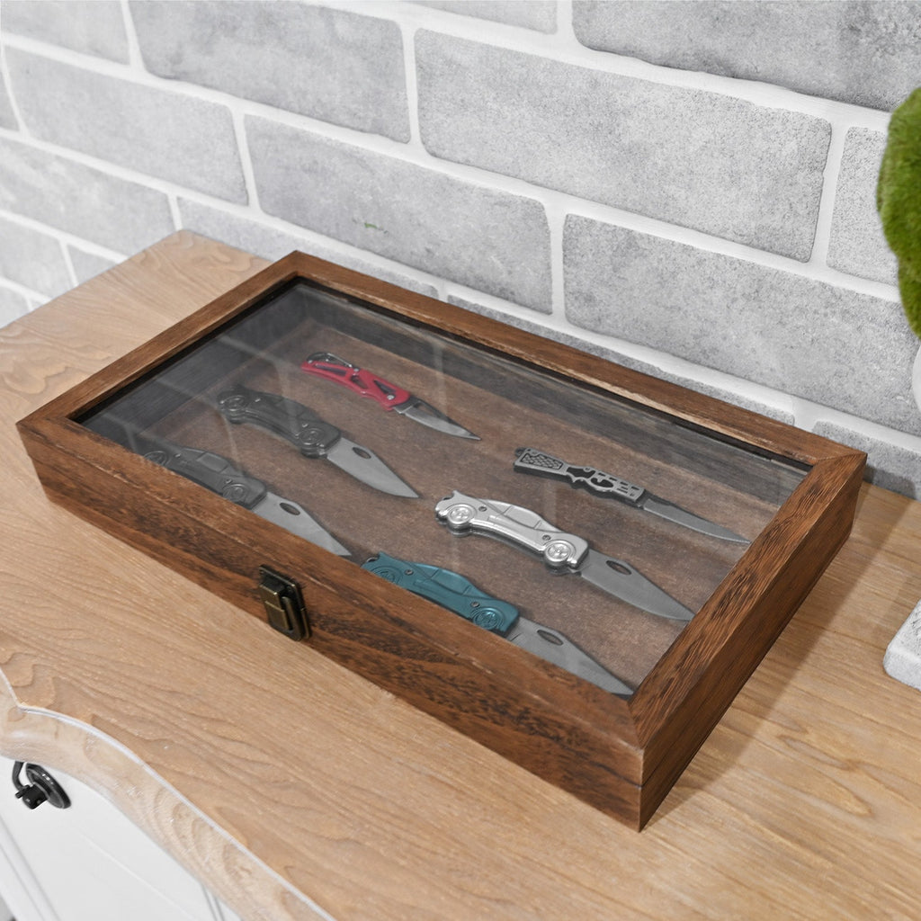 #WD83C Antique Wood Storage Case with Tempered Glass View Top