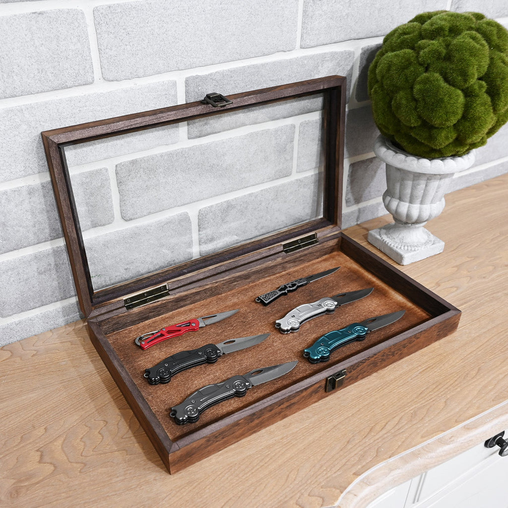 #WD83C Antique Wood Storage Case with Tempered Glass View Top