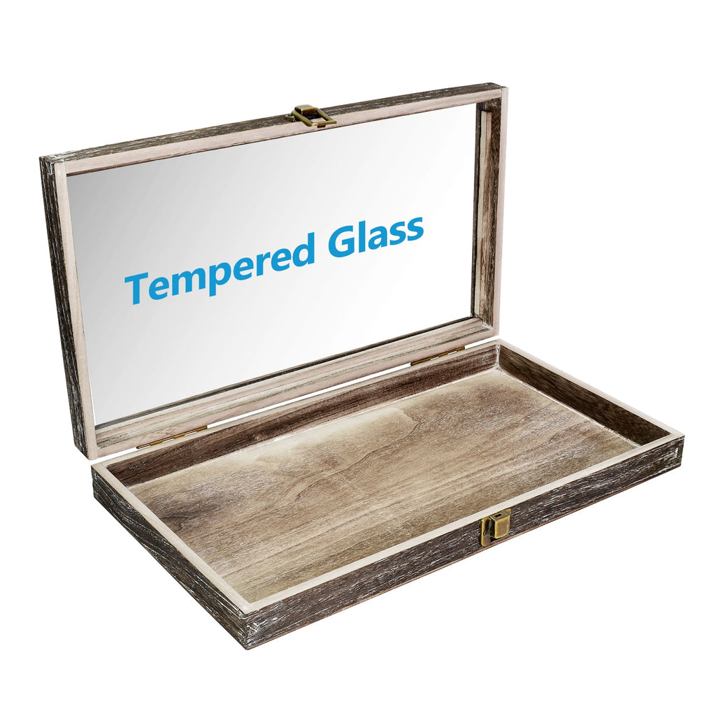 #WD83C Antique Wood Storage Case with Tempered Glass View Top