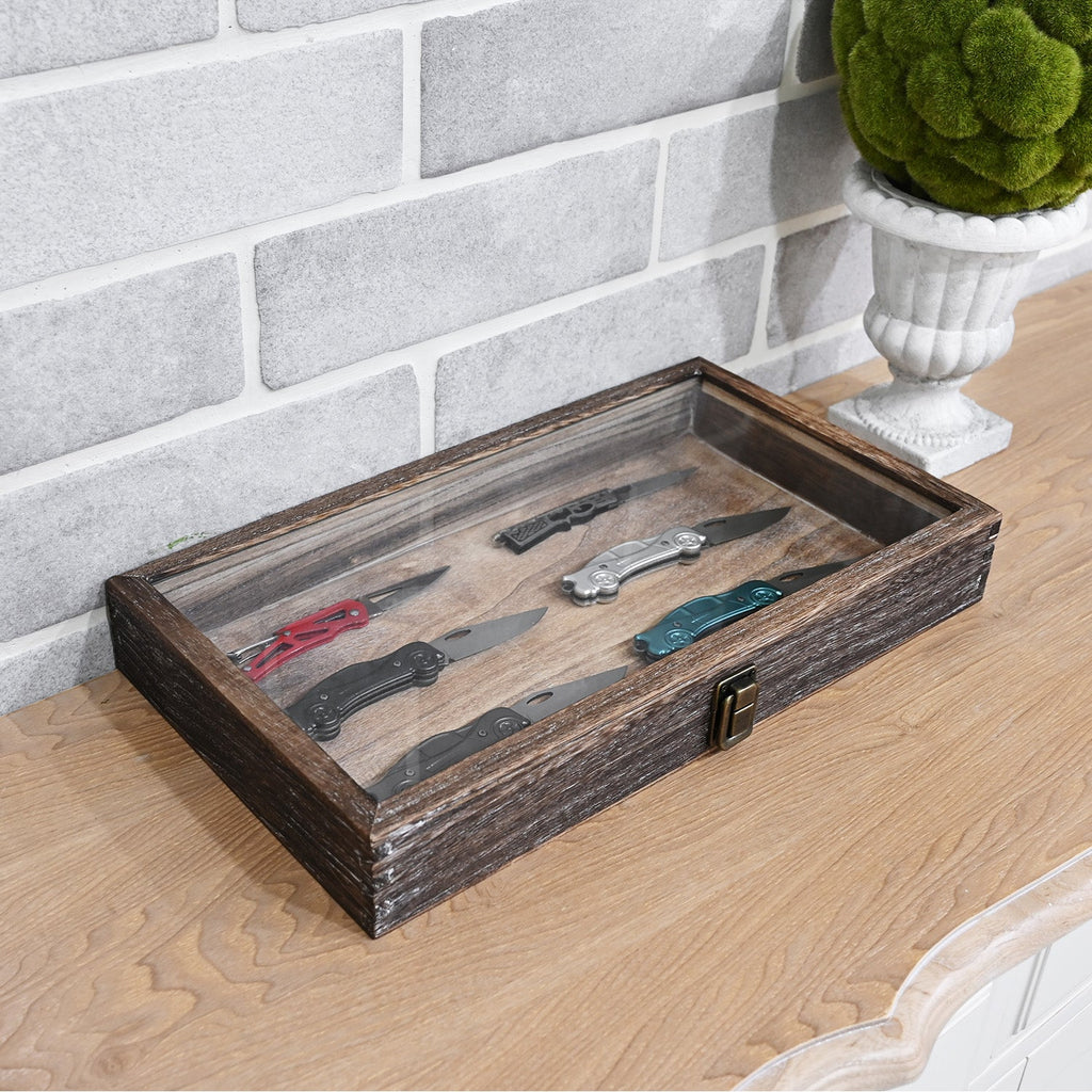#WD83C Antique Wood Storage Case with Tempered Glass View Top