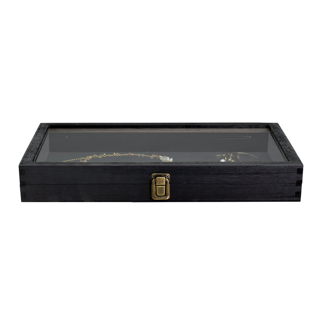 #WD83C Antique Wood Storage Case with Tempered Glass View Top