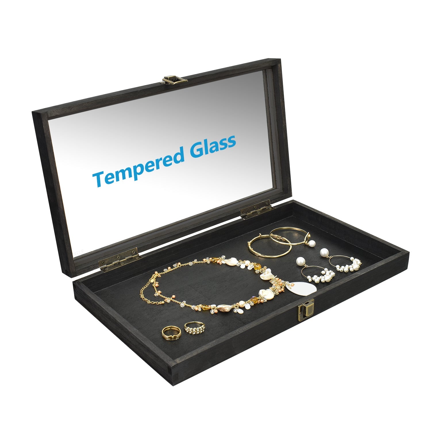 #WD83C Antique Wood Storage Case with Tempered Glass View Top