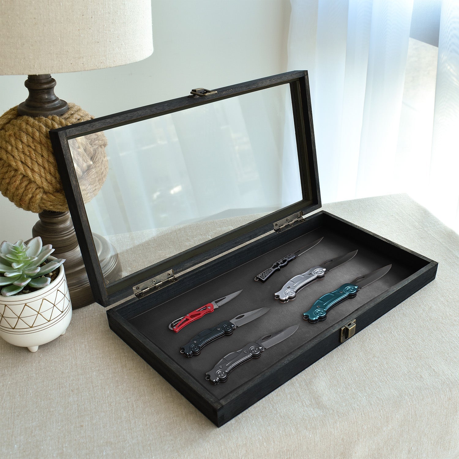 #WD83C Antique Wood Storage Case with Tempered Glass View Top