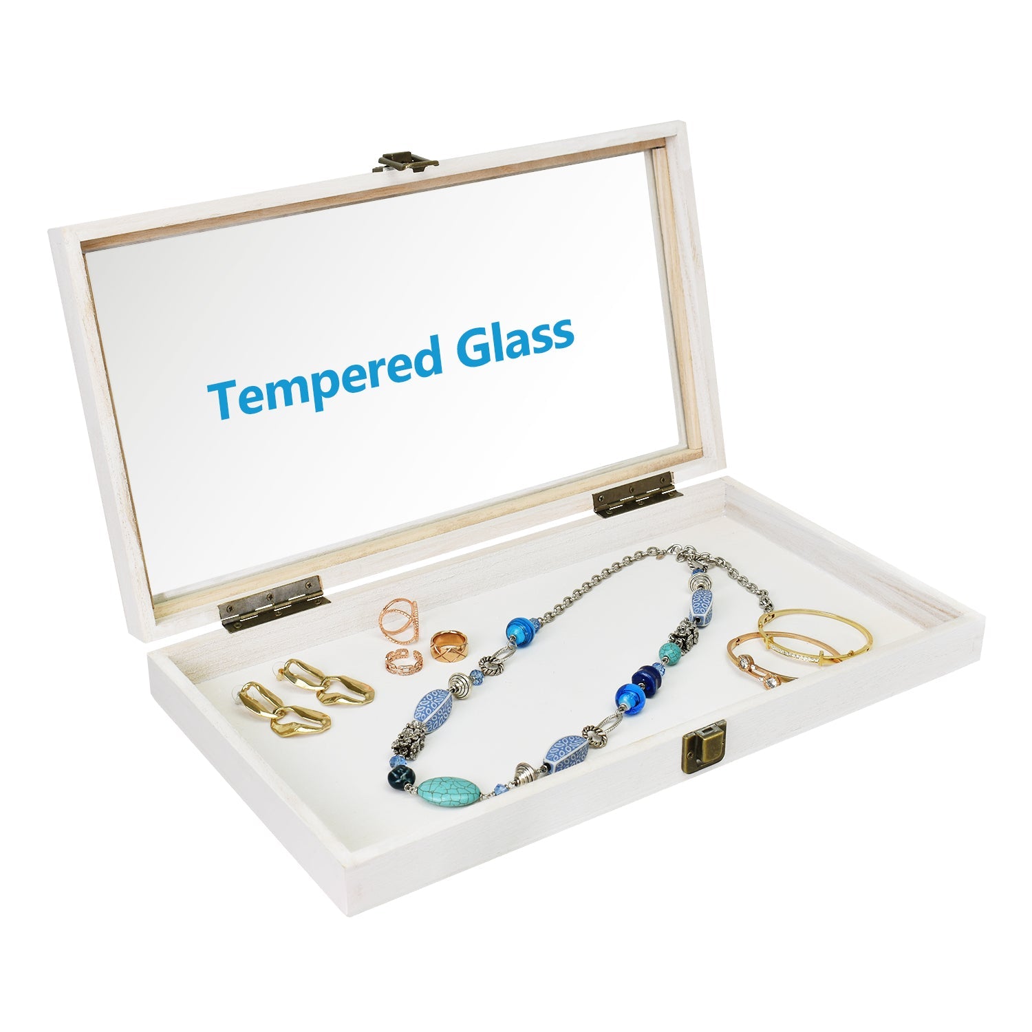 #WD83C Antique Wood Storage Case with Tempered Glass View Top