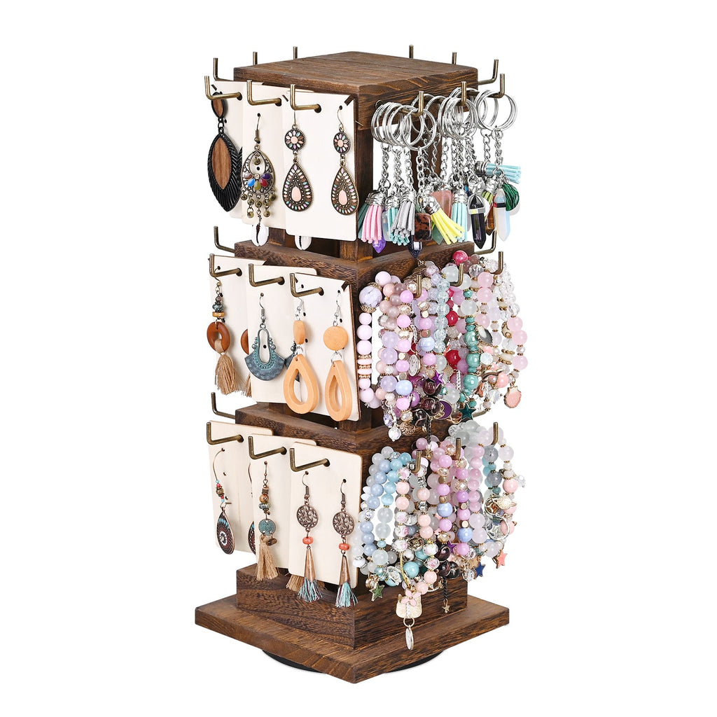 #WDJ5036  Natural Wood Rotating 36 Hooks Jewelry Tower