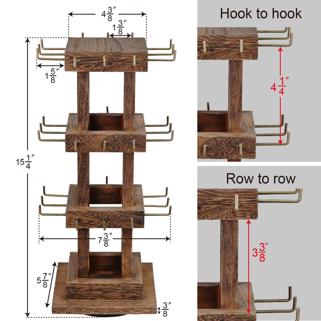 #WDJ5036  Natural Wood Rotating 36 Hooks Jewelry Tower , Coffee color