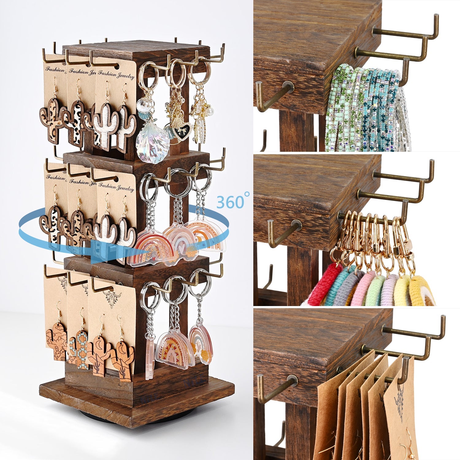 #WDJ5036  Natural Wood Rotating 36 Hooks Jewelry Tower , Coffee color