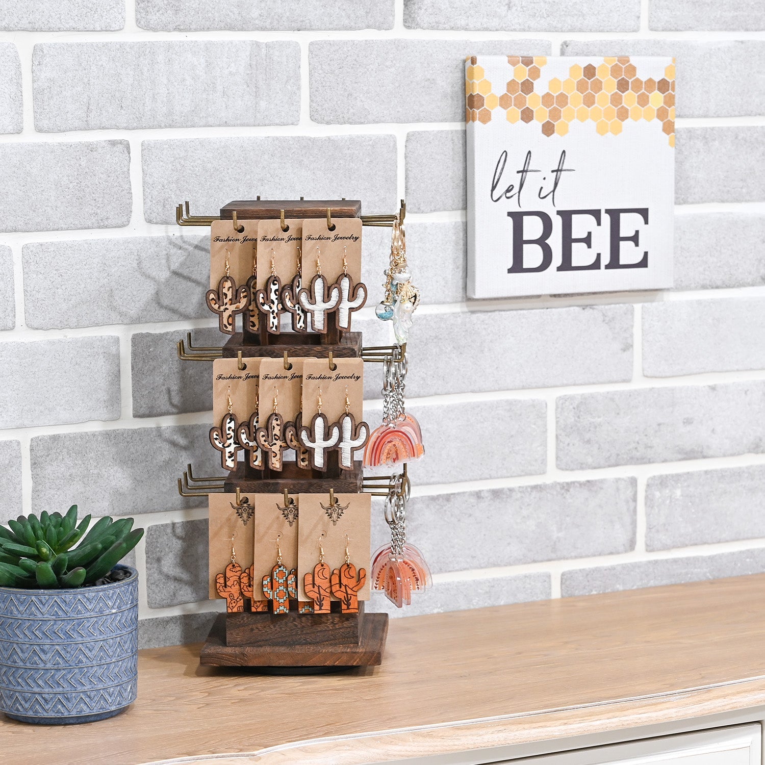 #WDJ5036  Natural Wood Rotating 36 Hooks Jewelry Tower , Coffee color