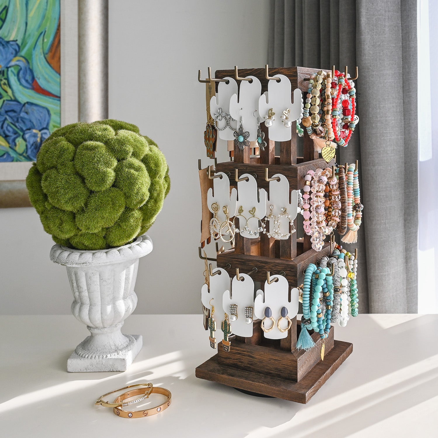 #WDJ5036  Natural Wood Rotating 36 Hooks Jewelry Tower , Coffee color